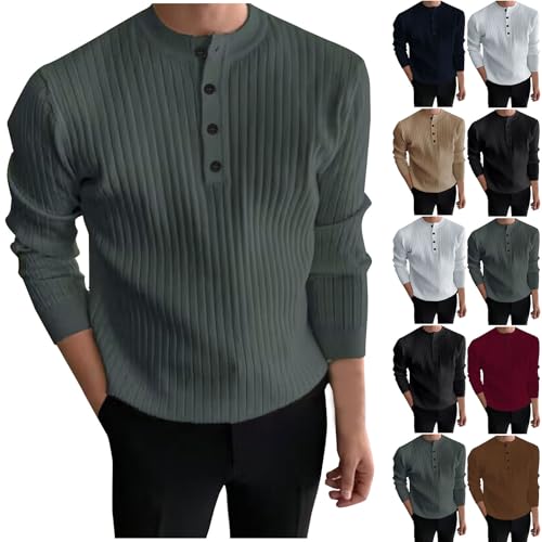 Cambkatl Men's Stylish Button Up Crewneck Pullover Sweaters Slim Fit Knitted Long Sleeve Comfort Basic Solid Jumper Topss2