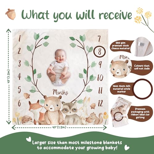 Image of KooKooBaby Baby Monthly Milestone Blanket - 47x47 Premium Fleece Milestone Blanket for Baby Girl and Boy - Woodland Animals Monthly Baby Milestone Photo Background with Felt Circle Marker