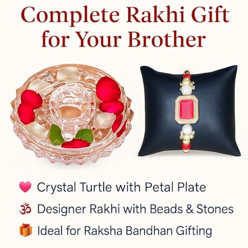 Image of SAUDEEP INDIA Feng Shui Crystal Tortise with Plate for Good Luck with Rakhi for Brother | Turtle for Vastu Home Decor(Bhai-Rakhi with Gift Hamper)