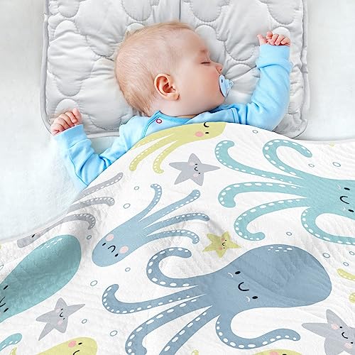 Image of Swaddle Blanket for Blue Octopus with Star Baby Receiving Blanket Muslin Baby Swaddles Soft Cotton Breathable Nursery Blankets for Unisex Boys and Girls 30x40 Inch
