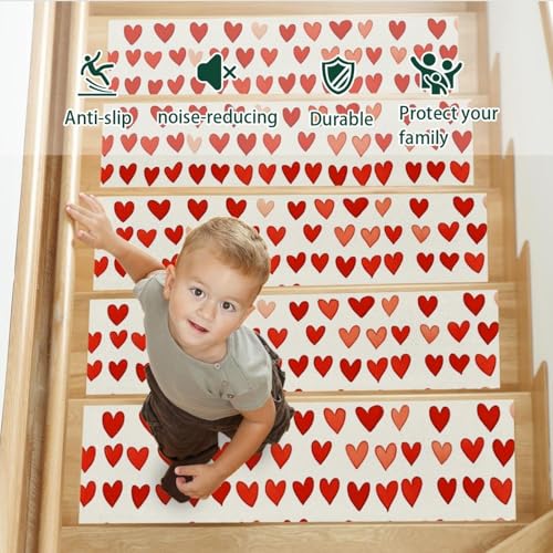 Tapis d'escalier antidérapants lot de 15 avec motifs cœurs pour marche en bois 20x76 cm