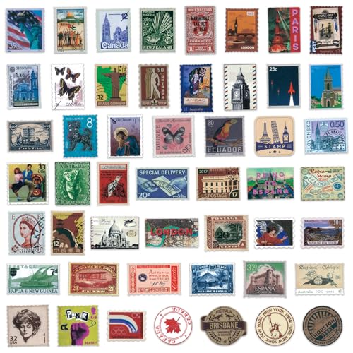 Image of Vintage Travel Postage Stamp Stickers - World Landmarks USA Australia Brazil Waterproof Vinyl Stickers for Journal Planner Laptop Scrapbooking