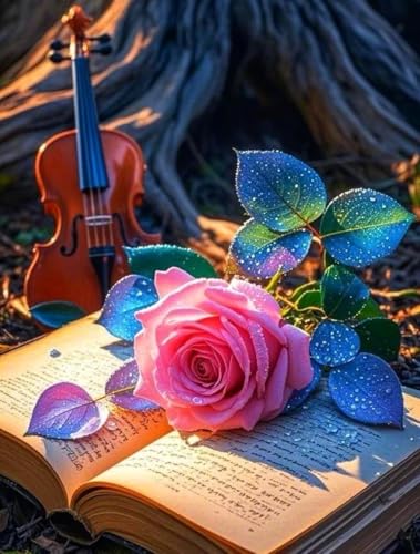LFYNIORS DIY Kit De Bordado Con Cuentas Rosas Y Violín Kits De Bordado De Cuentas De 11 Quilates,Kit De Punto De Cruz Estampado Para Adultos Y Principiantes. 40x50cm