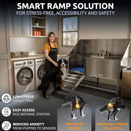 Image of KANIS Professional Dog Washing Station 304 Stainless Steel Pet Wash Sink & Grooming Bathtub w /Shower, Floor Grates and Storage for Large, Medium & Small Pets (Silver, 61 Inches, Left Ramp, Shelf)