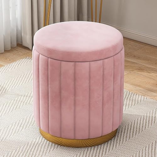 Taburete de tocador de terciopelo con almacenamiento, otomana redonda, cómodo reposapiés tapizado, taburete de maquillaje para habitación de niñas (color: rosa)