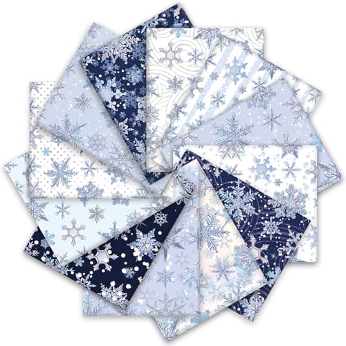 Whaline 12Pcs Snowflake Cotton Fabric Bundles Blue Purple Snowflake Fat