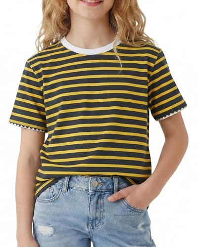 Kids4ever Girls Shirts Yellow and Black Striped Shirt Short Sleeve Tops for Girl Color Block Crewneck Summer Casual Back to School Tee Sports Size 10-12 Years
