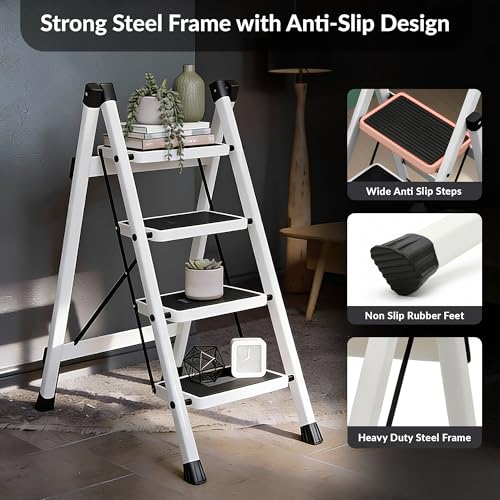 Image of Plantex 4 Step Ladder for Home Use /Wide Anti-Slip Heavy-Duty Step Stool /Lightweight Kitchen Ladder 4 Step (White)