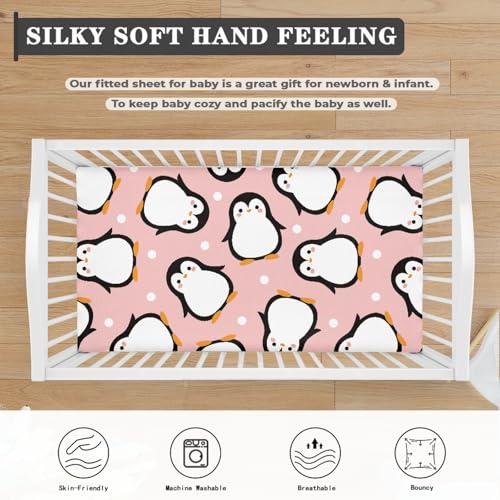 Image of Pink Penguin Cartoon Baby Crib Sheets for Boys Girls Fitted Crib Sheets Kid Crib Fitted Sheets Crib Cover Single Pack 28 inchx52 inch