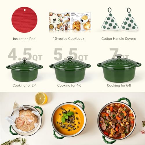 Image of Overmont Enameled Cast Iron Dutch Oven - 4.5QT Pot with Lid Cookbook & Cotton Potholders - Heavy-Duty Cookware for Braising, Stews, Roasting, Bread Baking GlossyGreen