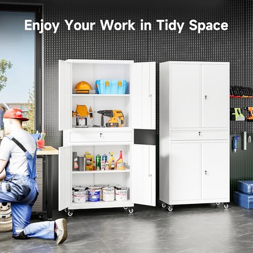 Image of SISESOL White Metal Storage Cabinet with Wheels and Drawer,Rolling Garage Cabinet with Locking Doors and Adjustable Shelves,73 inch Mobile Tall Large Metal Cabinets for Home,Office,Garage,Shop