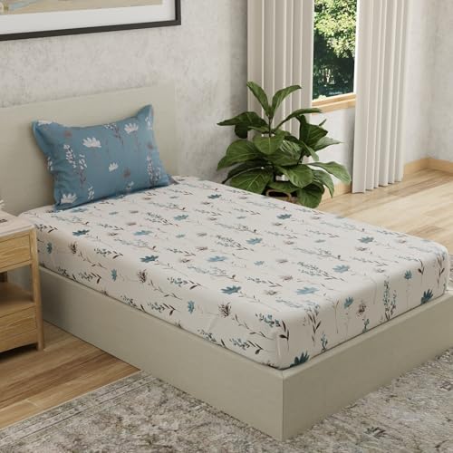 Image of HUESLAND by Ahmedabad Cotton 144 TC Bedsheet for Single Bed with 1 Pillow Cover | White, Blue & Grey