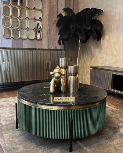 Image of WOODEN SPACE Premium Luxury Nazaara Marble-Top Coffee Table with Iron Legs & PVD Coating | Modern Round Wooden Center Table for Living Room & Entryway