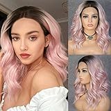 K'ryssma Ombre Lace Front Wig Pink Short Bob Synthetic Wig Wavy 2 Tone Dark Roots to Baby Pink Ombre Wig Heat Resistant