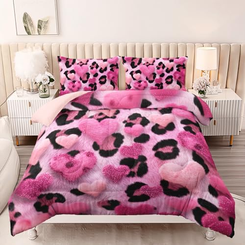 Image of AILONEN Girls Full Comforter Set,3-Piece Pink Heart Leopard Print Bedding Set for Room,Ccartoon Hearts Pink Black Comforter with 2 Pillowcases