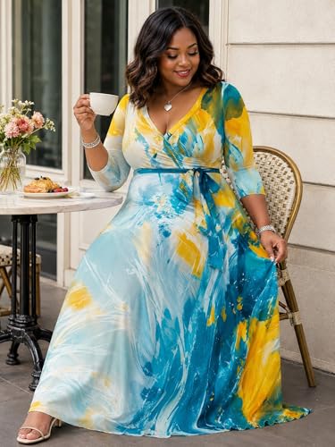 Image of PinkPatty Women's Plus Size Maxi Dresses Casual Flowy 3 /4 Sleeves Dress Printed Vacation Dress for Daily Wear with Belt