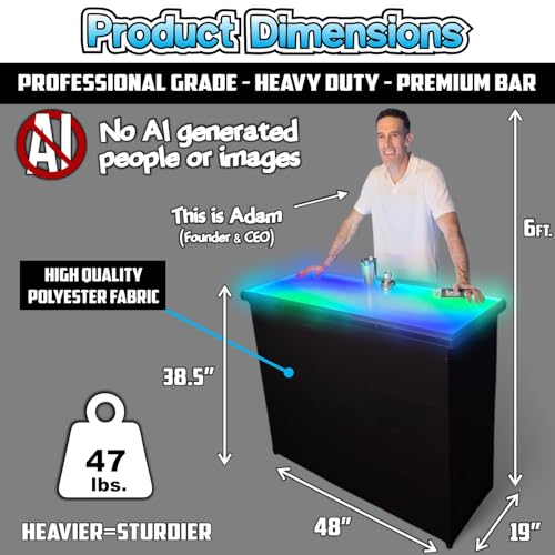 Image of PartyLife 48 inch Premium Glowing LED Surface Portable Bar Table with White Skirt, Mobile App, Folding Legs, Black Fabric Bar Skirt, 2 Storage Shelves & 2 Carrying Bags
