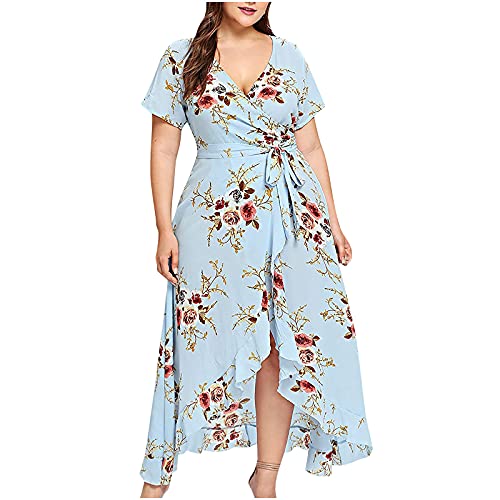 Peigen Women Plus Size Dresses, Boho V Neck Floral Dress with Belt Casual Short Sleeve Party Dress Elegant for Wedding, Blue, X-Large