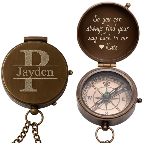 Personalized Compass Gifts for Men – Custom Engraved Brass Pocket Compass – Vintage Antique Graduation, Birthday, Christmas, Anniversary for Husband, Son, Dad, or Boyfriend