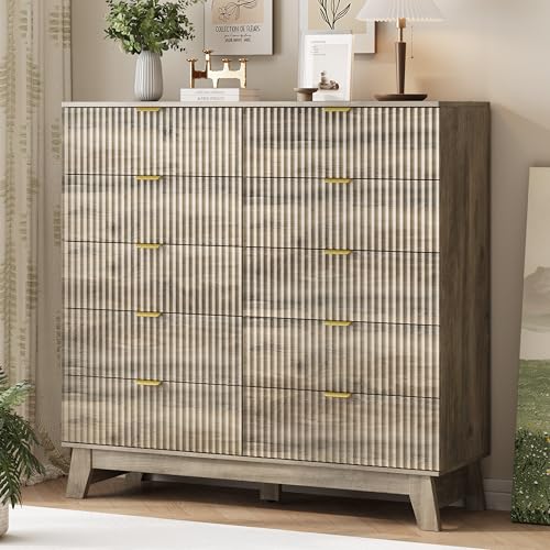 Image of Xixini Fluted Dresser for Bedroom with 10 Drawers, 48 inch Wide Modern Chest of Drawers with Metal Handle, Wooden Dresser TV Stand, Wood Closet Clothes Storage Organizer for Living Room, Hallway, Grey
