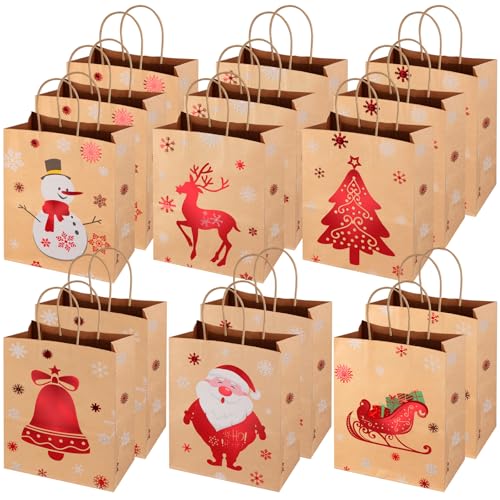 Bolsas de regalo de papel kraft de Navidad, 15 bolsas de papel de Navidad con asas para suministros de fiesta de Navidad (10.6 x 4.3 x 8.3 pulgadas)