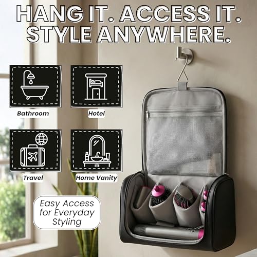 Image of OCEANEVO Travel Pouch for Airwrap Styler WITH Makeup Sponge, Storage Organiser Bag for Airwrap Attachments with Hanging Hook (Bag Only) - 31 x 14 x 16 Cm - Black - 1 Year Warranty