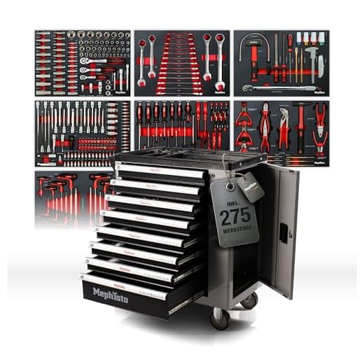 Werkzeugwagen Werkstattwagen mit 8 Schubladen davon 7 mit Werkzeug wie Schraubenschlüssel, Ratsche mit Nusskasten, Schraubendreher usw. in Soft Inlays in Carbonoptik befüllte Schubladen von Mephisto