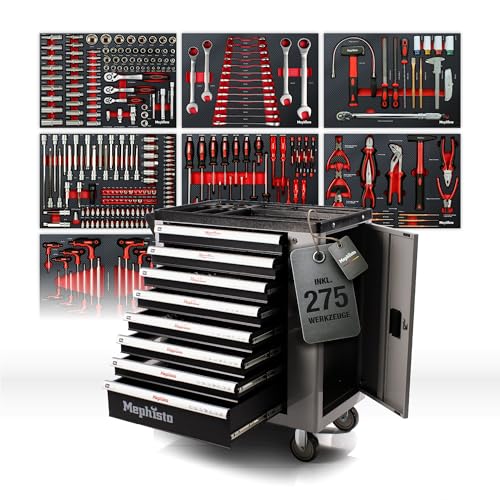 Mephisto Werkzeugwagen Werkstattwagen mit 8 Schubladen Davon 7 mit Werkzeug wie Schraubenschlüssel, Ratsche mit Nusskasten, Schraubendreher usw. in Soft Inlays in Carbonoptik gefüllte Schubladen