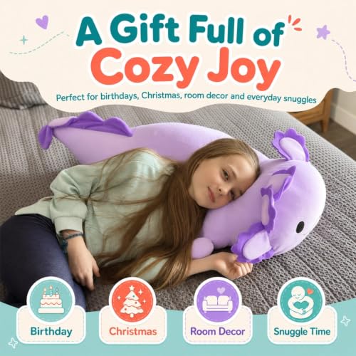 Image of BENINY 39-Inch Giant Axolotl Plush Pillow, Purple Large Stuffed Animal, Extra Soft Huggable Cuddly Toy Gift for Kids Girls Boys, Birthday Christmas Room Decor