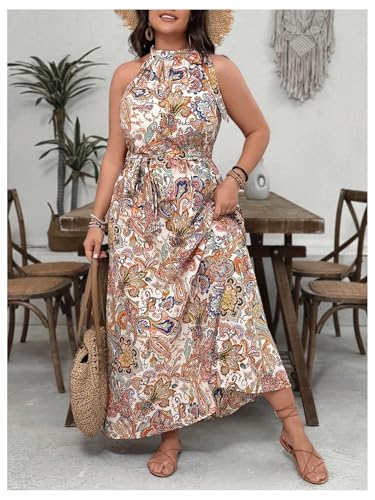 Image of Floerns Women's Plus Size Boho Sleeveless Halter Neck Tie Back A Line Long Dress