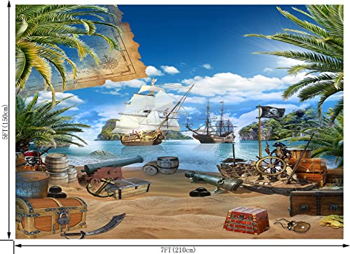 Pirate Party Backdrop For Photography Pirate Ship Nautical Treasure Map Kids Boys Birthday Supplies Baby Shower Favors Decorations Decor Banner Background Photo Studio Booth Props 7X5Ft Cem207B #TOP1