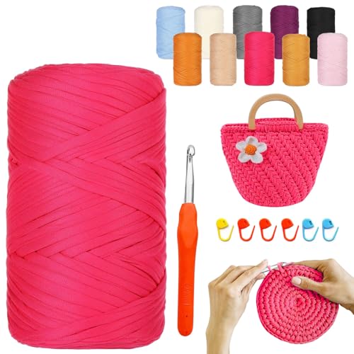 YushengTai Trapillo para Crochet, 400G/120M Trapillo con Aguja de Ganchillo de 9,0 mm 6 Posicionadores, para Tejer a Ganchillo Bolsos, Cestas, Mantas, Decoración del Hogar(Rosa Fucsia)