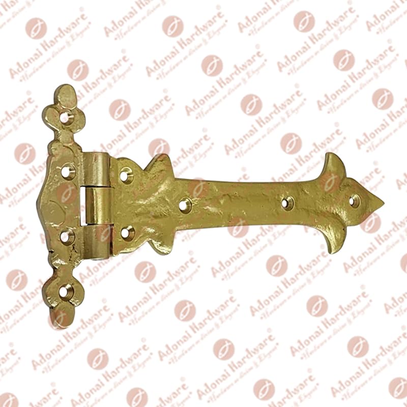 Image of Adonai Hardware Adonijah Brass Strap T Hinge (7.9 inch x 2 Pack, Satin Brass) for Barn Doors, Gates, Kitchen Cabinets, Sheds, Wooden Box, Furniture, Cedar Chest and Trunks