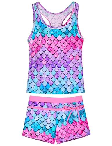 Image of Girls Tankini 2 Piece Swimsuit Racerback with Shorts Quick Dry Bathing Suit for Girls 3-14Y