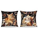 FITIE William Morris Inspired-Dark Floral Orange Tabby Cat Pillow Covers 18x18 Set of 2, Orange Cat Gifts for Women, Dark Botanical Kitty Kitten Decorative Pillow Covers for Home Living Room Bedroom