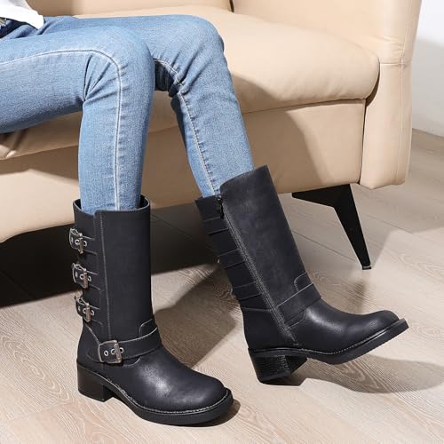 Image of GLOBALWIN Chunky Mid Calf Fashion Dressy Motocycle Biker Military Style Combat Boots for Women Low Heel