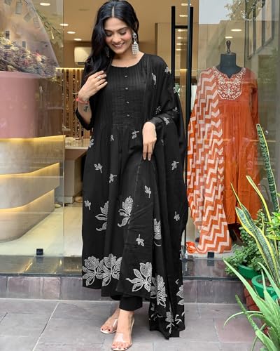 Image of GoSriKi Women's Rayon Blend Anarkali Printed Kurta with Pant & Dupatta | Ethnic Kurta Pant Dupatta Set for Women | Traditional Indian Wear Outfit