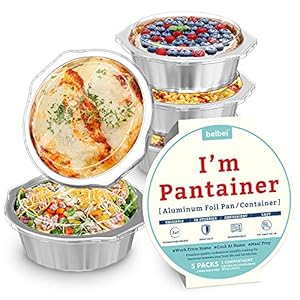 8″ Sturdy Foil Pans with Snap-On Lids (5 Pack) | 3X Thicker Heavy Duty Reusable Foil Tins | Microwavable Multi-Use Pan, Pot, Container | Round Deep Disposable Aluminum Foil Pans for Baking, Cooking