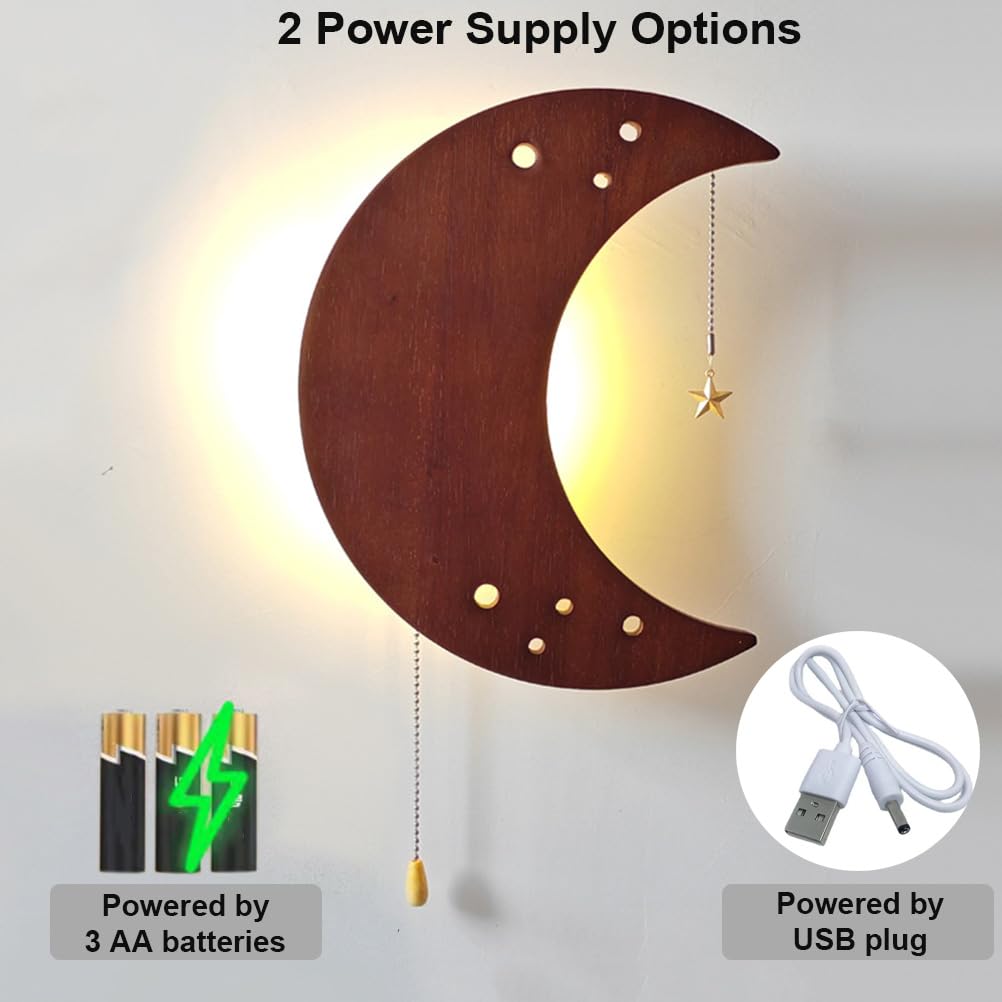 EaEa LED Mondlampe Wand Kinderzimmer Wandlampe mit Schalter, USB/Batteriebetrieb Wandleuchte Kinder Holz, 5W 3000K, Junge Mä