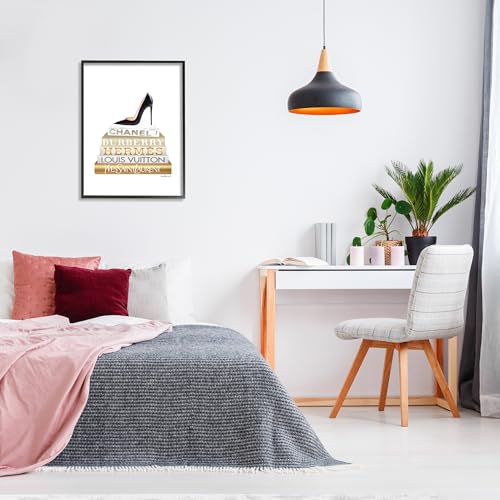 Image of Stupell Industries 'Black Heels Gold White Bookstack', Framed Giclee Art, Black, 24 x 30 Inches, Easy to Hang and Sturdy, Made in USA, by Amanda Greenwood | Stupell Industries | Black, 24 x 30 Inches, Easy to Hang and Sturdy, Made in USA, by Amanda Greenwood