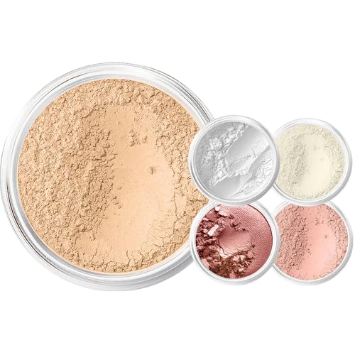 Mineral Makeup Starter Kit for Beginners – Full Size Foundation with Sample Size Veil Primer, Blush, Bronzer & Setting Powder – Matte Finish Essentials Set (WARM)