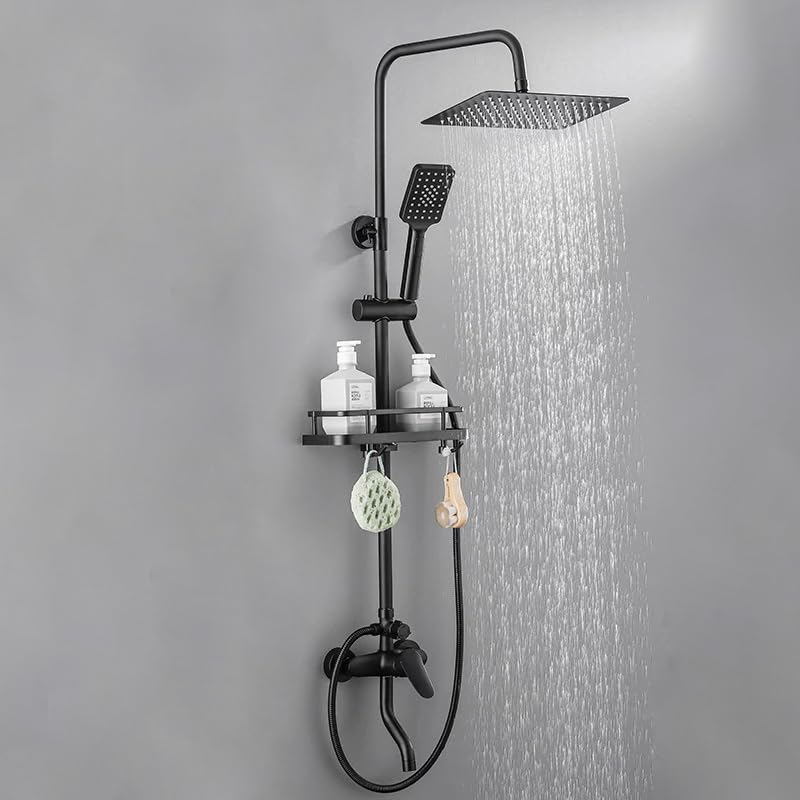 Wall Mounted Shower System - 3-Function Shower Faucet Set with Rain Shower Head Handheld Sprayer Tub Spout & Shelf Black | Extra Includes 30cm Shower Head Extension Bar