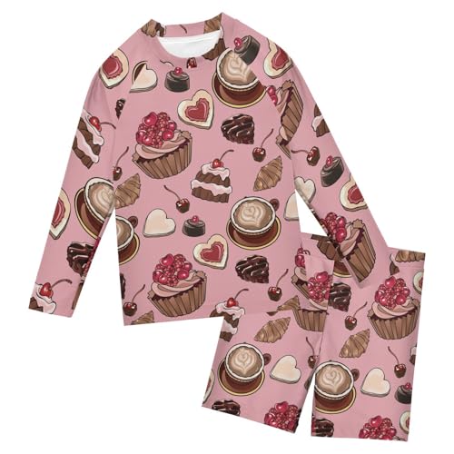 Aflyko Kids' Bathing Suit Set Coffee Cupcake Sweet Cookies Long Sleeve Swim Tops with Shorts Summer Vacation Pool Party Rashguard Fun Cute Infant Beachwear, 4T