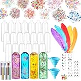 Baderke 24 Pcs Sensory Bottles 13.5oz Plastic Clear Containers Calm Down Sensory Bottles Include Funnel, Glitters, Stickers, Glitter Powder, Feathers, Small Color Balls for DIY Art Fun Crafts Supply
