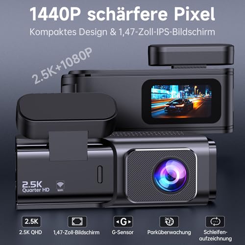 Dashcam Auto Vorne Hinten 2,5K + 1080P, Dash Cam mit WiFi, 32GB Karte, Dual-Autokamera mit 170 ° Weitwinkel, Super Nachtsicht, Auto Kamera mit Parküberwachung, G-Sensor, App-Steuerung, Loop-Aufnahme 2