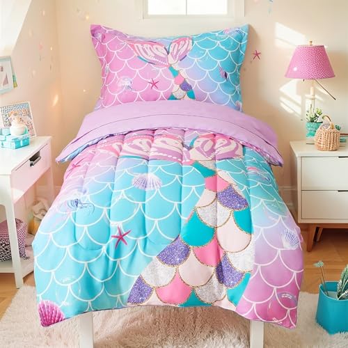 Image of VIVILINEN Toddler Bedding Set for Girls 4-Piece Mermaid Tail Toddler Comforter Sets for Baby Purple Blue Toddler Bed Bedding Baby Bedroom Set, Include Comforter, Flat Sheet, Fitted Sheet, Pillowcase