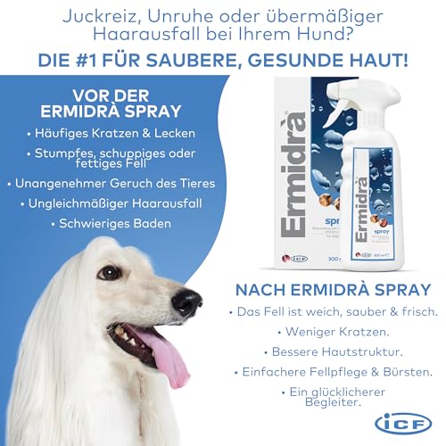 Ermidrà Feuchtigkeitsspray für Hunde, Katzen & Pferde | Hydratisierende & Beruhigende Hautpflege | Unterstützt EIN Weiches & Erfrischtes Fell | Ohne Ausspülen | 300ml