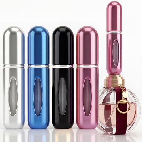 Caracal Cove 5ml Travel Perfume Bottle Refillable Atomizer Sprayer for Perfume Leakproof Perfume Atomizer Travel Portable Refillable Perfume Bottles (Blue Black Pink Silver)