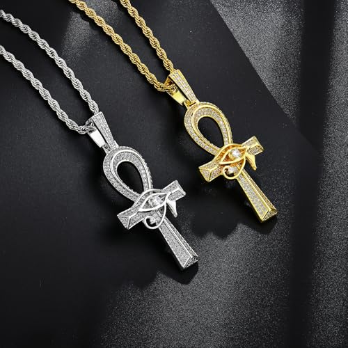 Men's Eye of Horus Ankh Cross Necklace Brass Gold Plated Square Crystal Zircon Ankh Pendant3