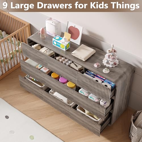 Image of BORNOON Dresser for Bedroom with 9 Drawers, Fluted Chest of Drawers with Round Curved Corner, Hidden Handles, Modern Wood Storage Organizer for Bedroom, Nursery, Living Room